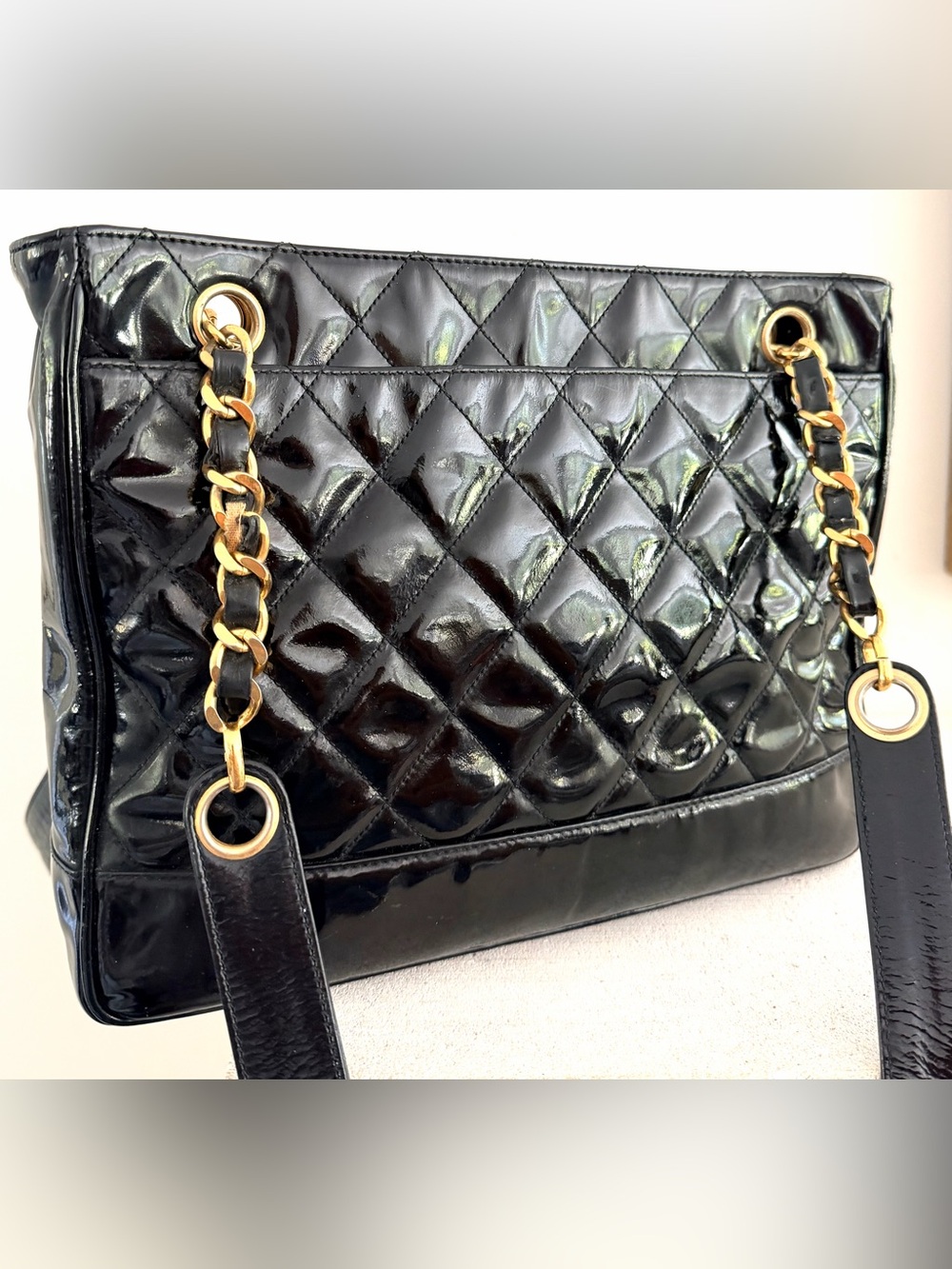 CHANEL Vintage Black Patent Quilted Chain Tote Bag + Entrupy COA - Picture 2 of 13